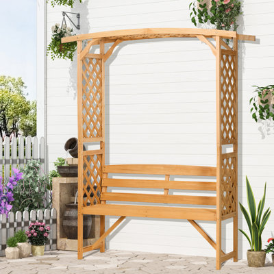 3 - Seat Brown Bench With Arch, Pergola And 2 Trellises For Outdoor Grape Vines Garden Decorating, Supports 528 Lbs, 63" W X 19.75" D 78" H Party Decor,