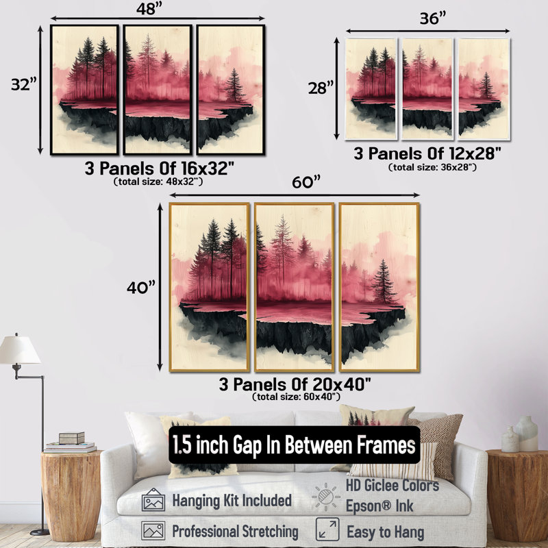 Le flux enchanté de la forêt de roses en cristal II - art mural forêt - ensemble de 3, Érable, H 40 po x l 60 po