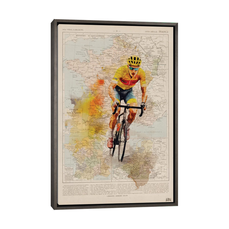 Tour de France, aquarelle, Toile avec cadre flottant foncé en bois rustique, Pas de tapis, H 60 po x l 40 po x P 1,5 po