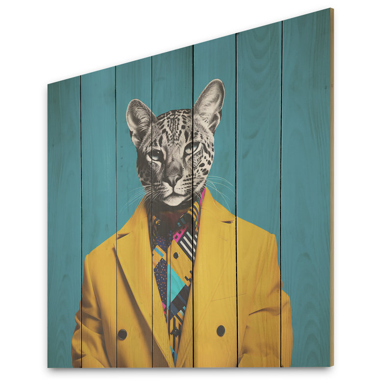 Popart emblématique chat en costume II - Chat sur bois, H 25 po x l 25 po