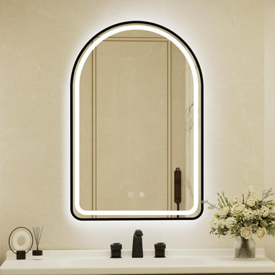 Miroir de salle de bain 26 po x 40 po avec cadre en aluminium noir avec lumières DEL, miroir de meuble-lavabo lumineux pour le mur, verre trempé, antibuée, gradation continue