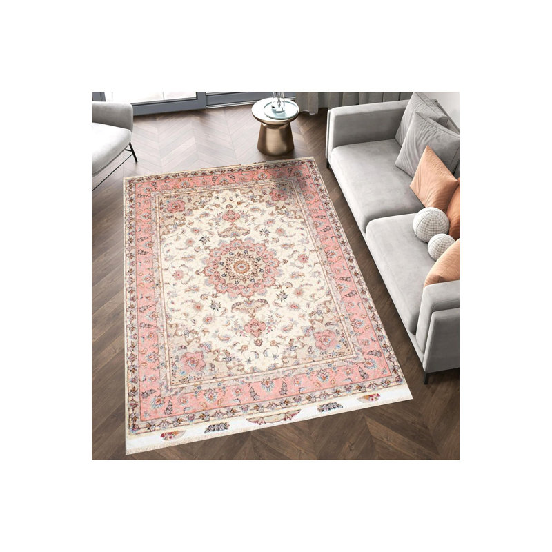 Tapis beige lavable à la machine à motif floral beige, Rectangle 3 pi 11 po x 5 pi 11 po