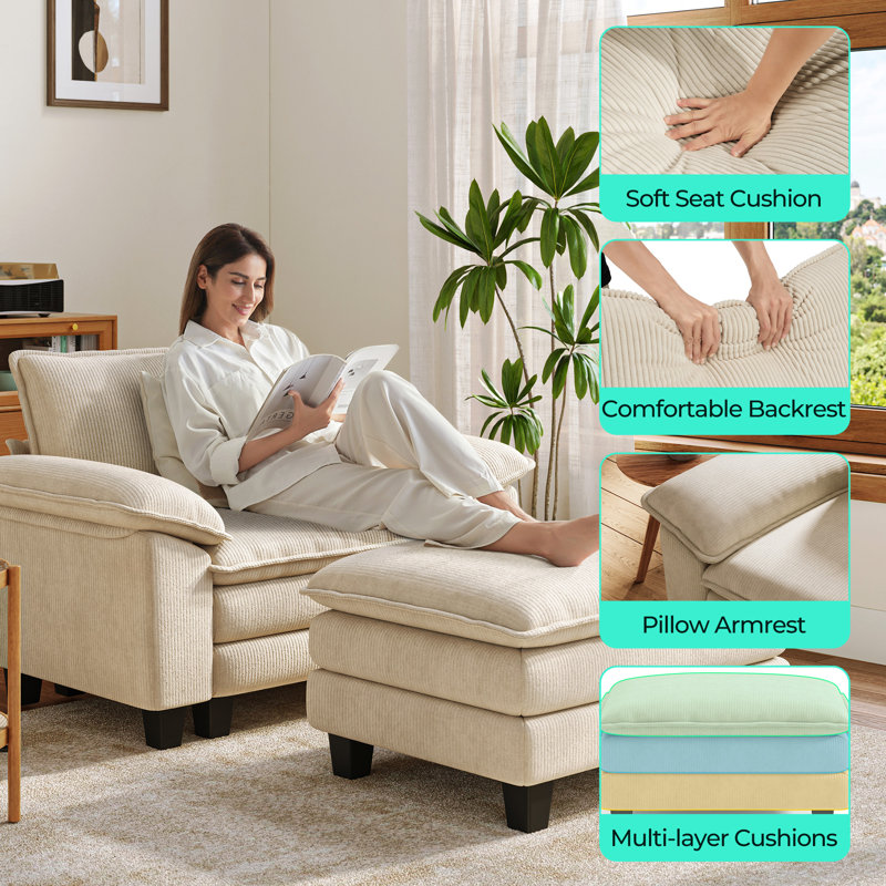 Fauteuil surdimensionné et demi avec repose-pieds Colbey, Velours côtelé beige Lena