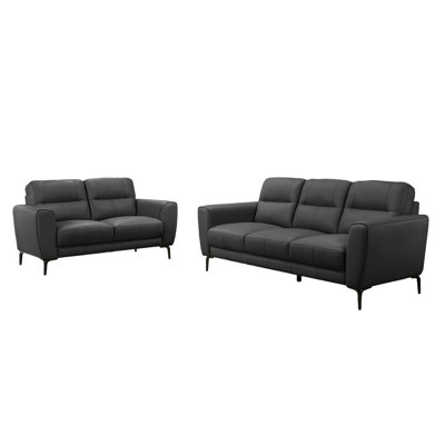 Contemporary 2pc In Anthracite Gray Leather: Soft Cushions, Legs And Stable Structure Leather Couch For Living Room: With Horizontal Tufting