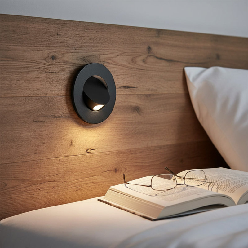 UltraBeam 3 Watt LED Round Recessed Bedroom Reading Light - Wall or Headboard Mounted - Built in Tilt Switch, Matte Black
