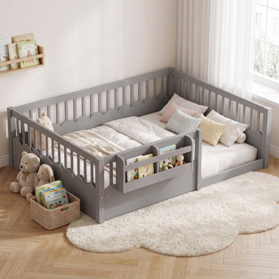 CPC Certified Full Solid Wood Kids Floor Bed with Tall Full-Length Guardrails & Built-in Bookshelf, Low Profile Frame, Gray