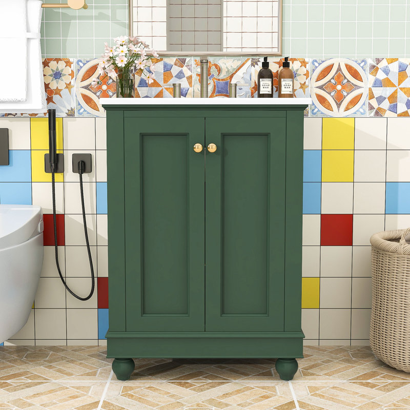 Meuble-lavabo autoportant moderne avec lavabo en céramique, charnières à fermeture douce et tablette réglable, Green