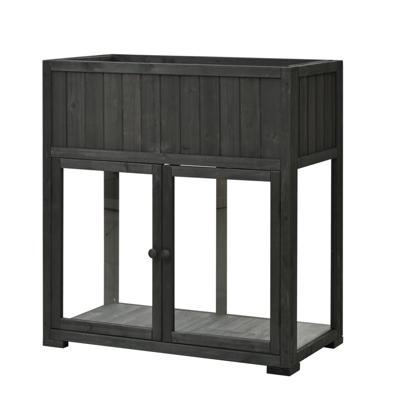 Darian Mini Fir Wood Planter with Wheels & Doors, Black