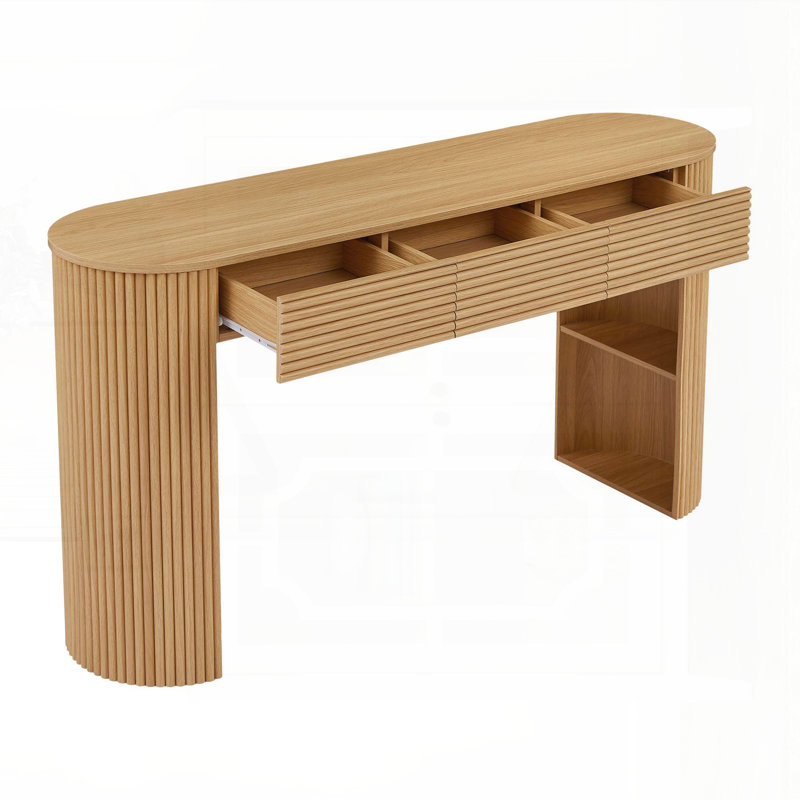 Nara Modern Japandi MDF Console Table With 3 Drawers, Fluted Detail, And Open Storage Niche, Natural
