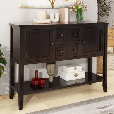 Ample console de rangement rétro avec quatre petits tiroirs et une tablette inférieure pour les salons, les entrées et les cuisines (espresso)