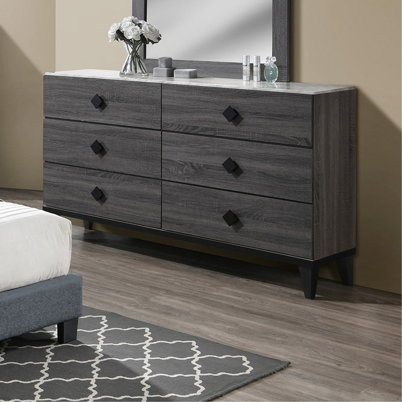 Commode de meuble de chambre à coucher moderne de conception moderne avec 1 seule poignée de poignées et 6 tiroirs avec plateau de rangement en faux marbre gris
