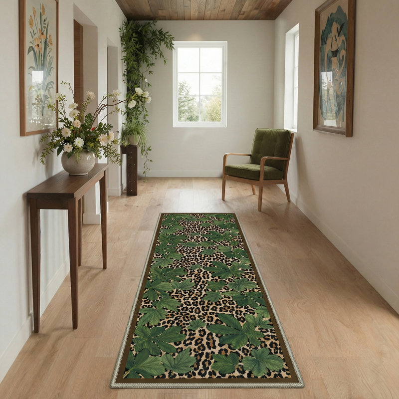 Alissa Lushmark Animal Print Leopard Foliage Machine Washable Green / Black / Beige Indoor Area Rug with Non-Slip Backing