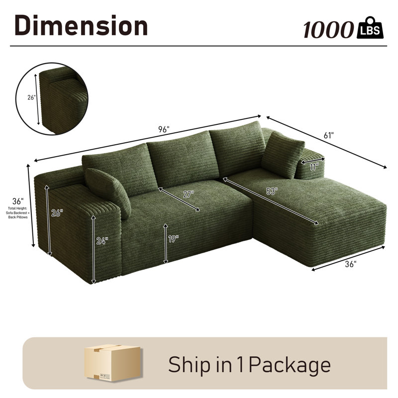 Boneless Freely Movable Modular Sectional Sofa Corduroy Couch For Living Room, Right Hand Facing, Green Corduroy