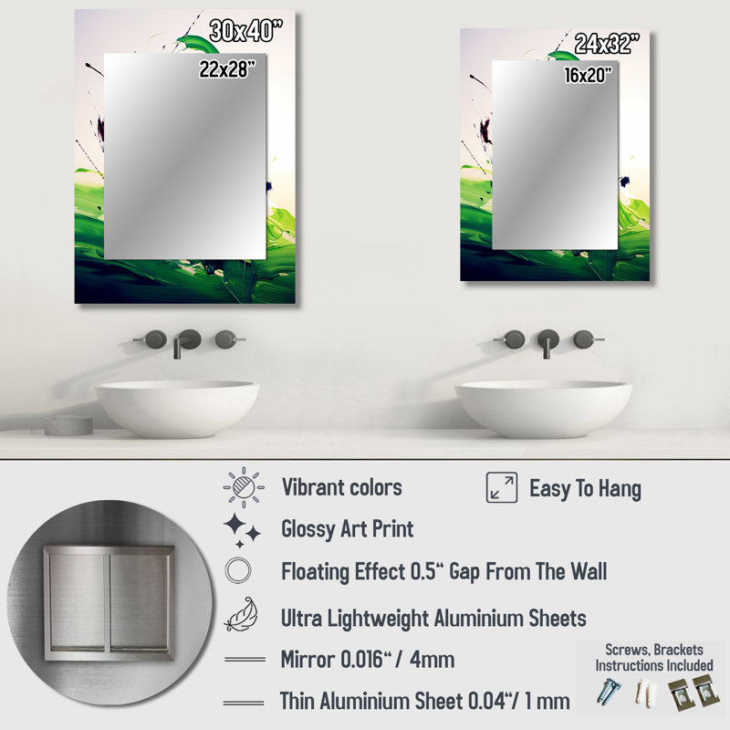 Green And White Abstract Ink Expression IV - Modern Rectangular Wall Mirror, 32" x 24"