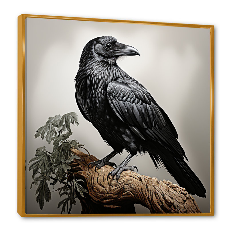 Mystique, corbeau en vol I - Art mural animal corbeau, Cadre flottant doré, H 30 po x l 30 po x P 1,5 po