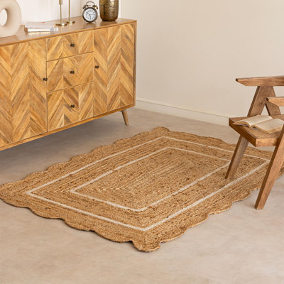 Wave Scallop Jute Rug - 2' x 3' Off White, Boho Home Décor - Farmhouse Natural Fiber Handmade - Ristic Vintage Braided Scalloped Area Rug for Bedroom, Living Room, Kitchen