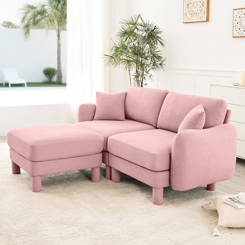 Canapé modulaire moderne à 2 boucles roses avec pieds cylindriques, coussins de dossier moelleux et amovible pour le confort de la chambre à coucher en tissu distinctif, assise confortable