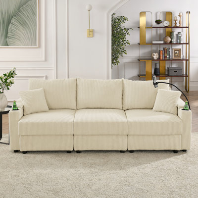 3 Seat With Storage And Style, Beige Corduroy Deep For Living Area, Modern Look Storage, Room Furniture, Cup Holders Relaxation