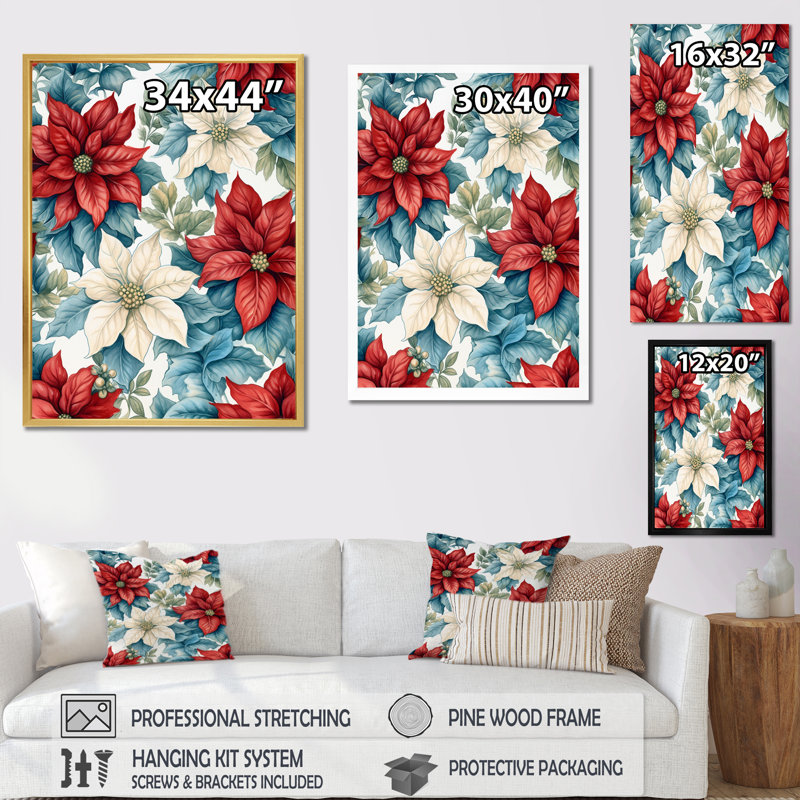 Poinsettia Passion I - impression sur toile florale, H 32 po x l 16 po x P 1 po, Cadre naturel flottant