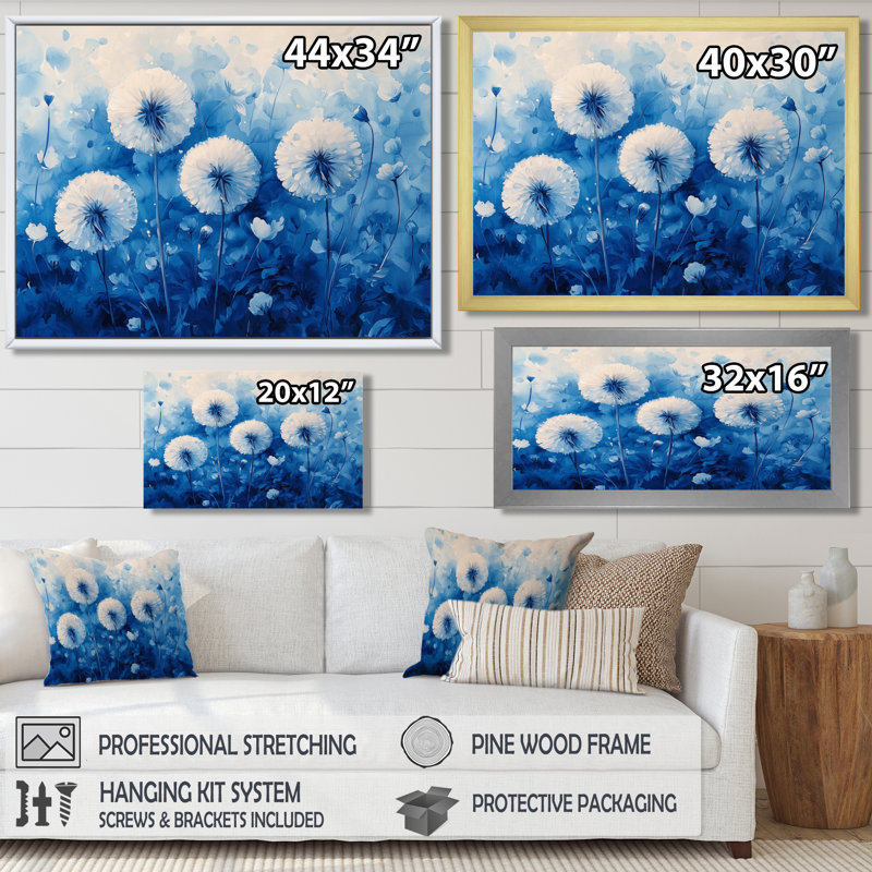 Doux pissenlit lueur dans l'aquarelle Blues I - art mural pissenlit, Cadre simple, Noir, H 12 po x l 20 po