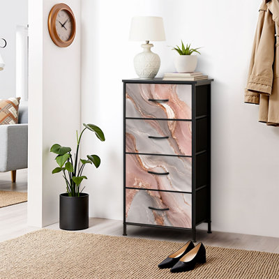 4 Drawer Dresser for Bedroom, Narrow Chest of Drawers, Wooden Top and Study Iron Frame 18"x37.5"-(WxH) - With Elegant Marble Rose Accents Soft Tones Print