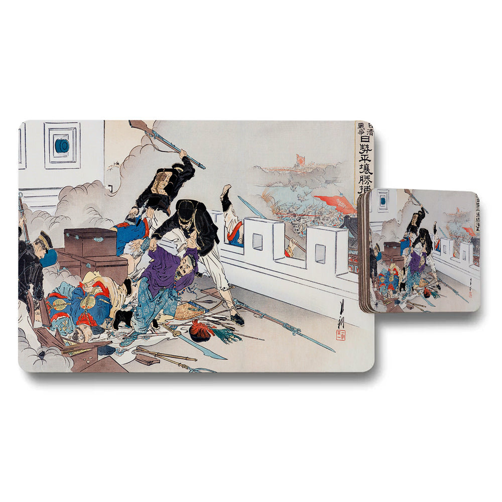 Placemat And Coaster Set Featuring Japanese Ukiyoe Battle Scene Artwork