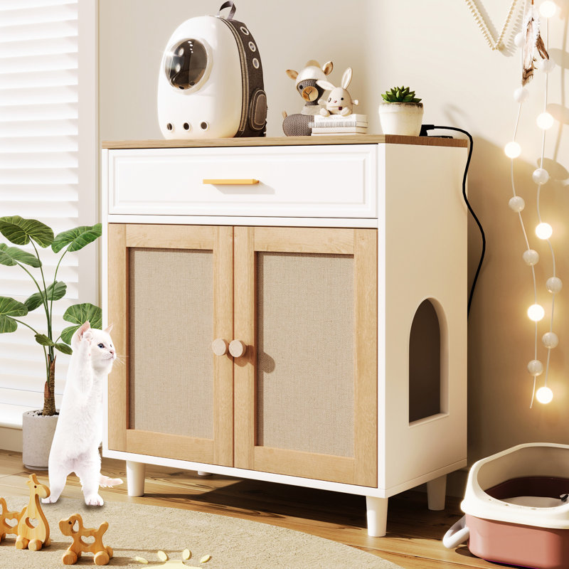 Bac à litière beige et blanc pour chat avec matériaux fins pour chats