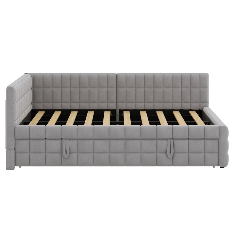L-Shaped Upholstered Daybed With Pop Up Trundle And USB Ports, Gray