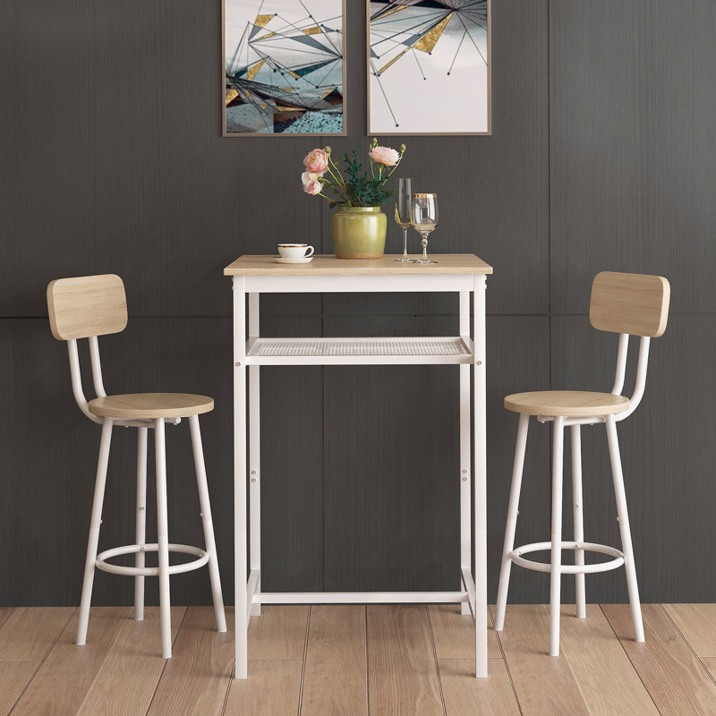 Table de bar, équipée de 2 tabourets de bar, avec dossier et cloison, Blanc/chêne