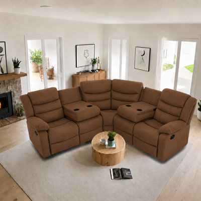 5-Seat Microfiber Manual Recliner Sectional Sofa with Drop-down Tables Cup Holders