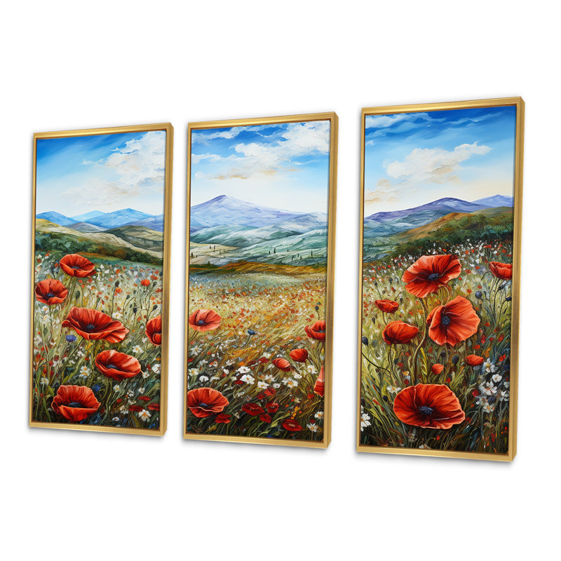 «Red Poppies Field In Mountain II» - ensemble d'art mural coquelicots, Cadre flottant doré, H 32 po x l 48 po x P 1 po