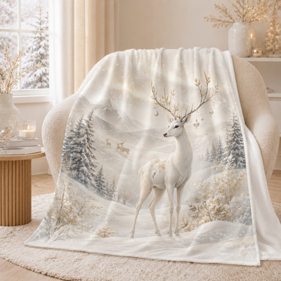 Neutral Woodland Deer Blanket with Pine Forest, Snowflakes and Wrapped Gifts, Watercolor Christmas Flannel Throw for Sofa, Bed and Rustic Styling, 40 x 50 in