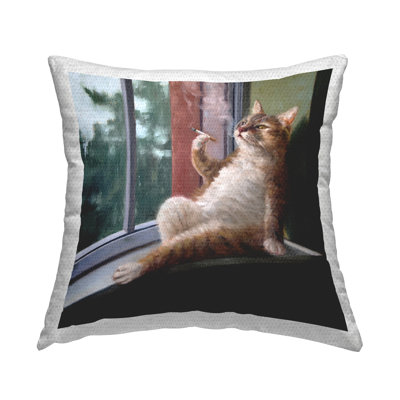 Tabby Cat Relaxing Lounging Daytime Windowsill Outdoor Printed Pillow by Lucia Heffernan