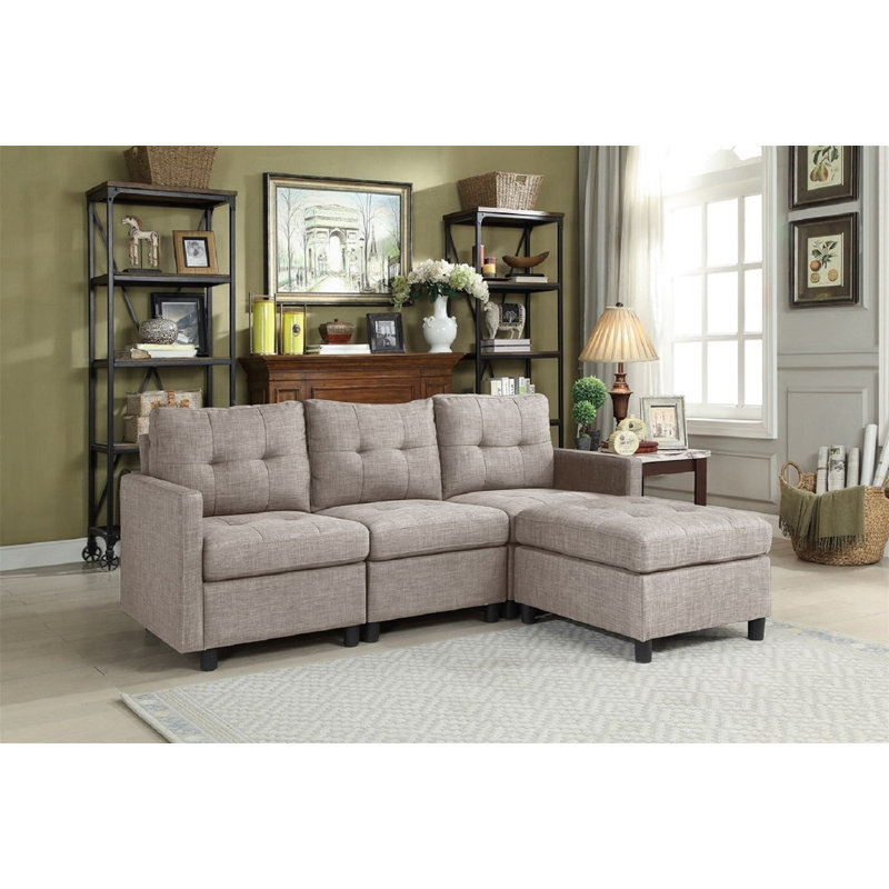3 Seats Modular Sofa With Ottoman L-shape Couch For Living Room Bedroom Small Space, Light Gray