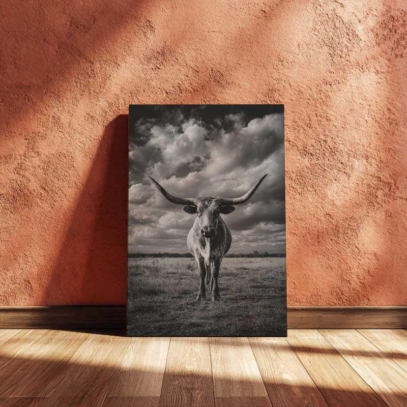 Impression sur toile Texas Longhorn - décoration murale Western Ranch - reproduction de photographie en noir et blanc