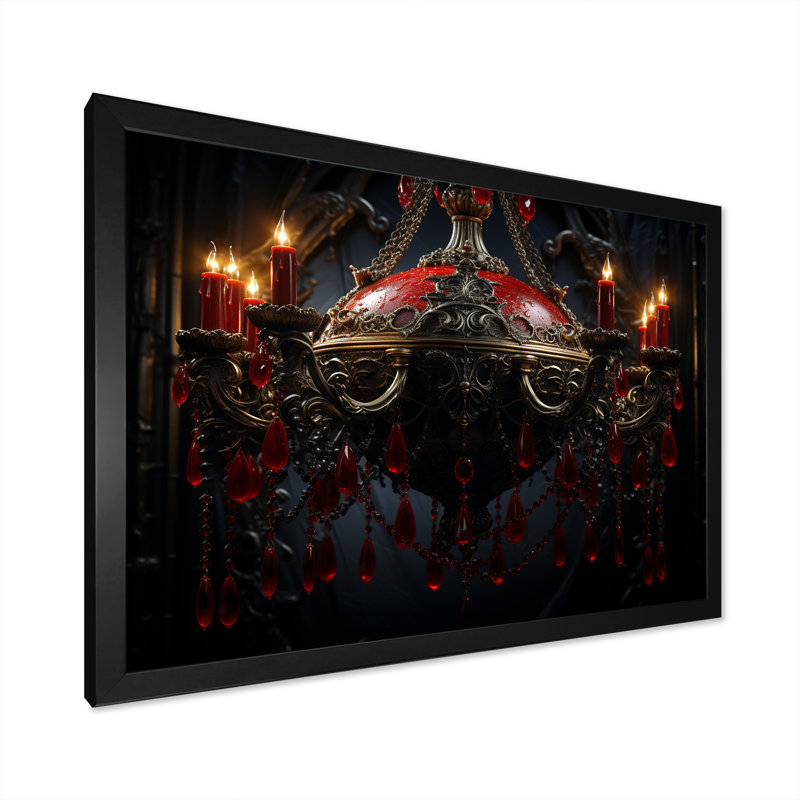 «Red Gothic Luminary Grace» - lustre, art mural, Cadre d'angle fermé noir, H 16 po x l 32 po x P 1 po