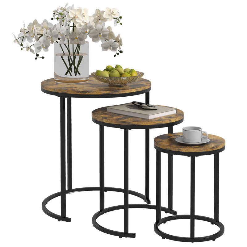 Nesting Tables Set of 3, Stackable Round Coffee Tables, Rustic Brown