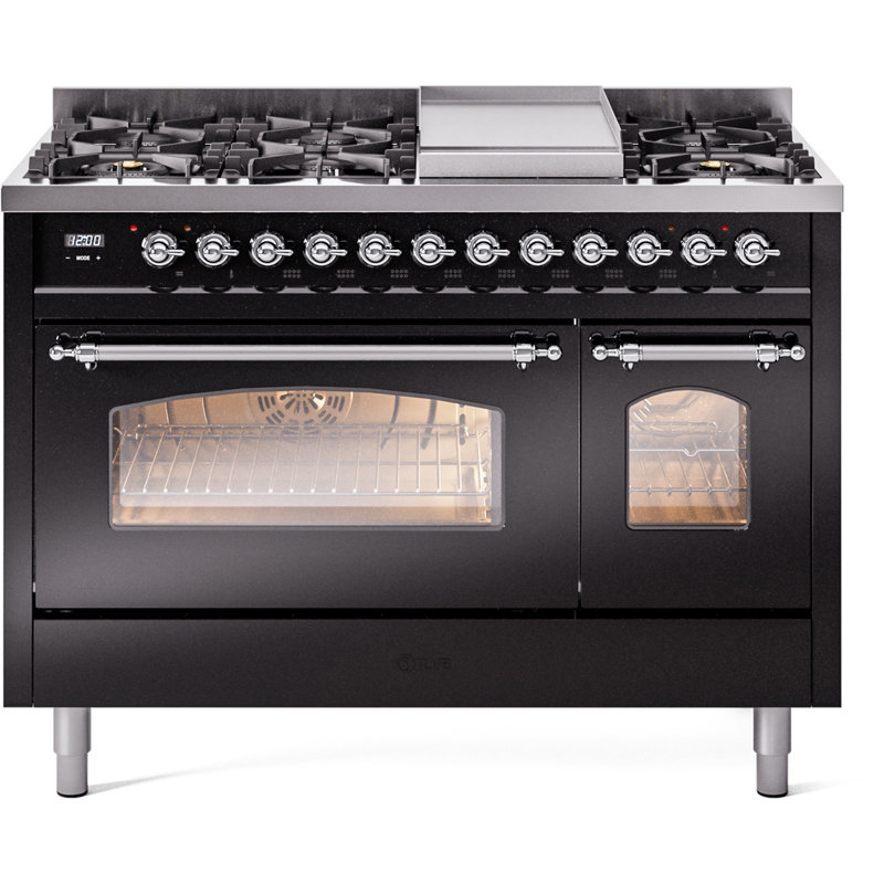 ILVE Nostalgie II 48 Dual Fuel Range , Glossy Black/Chrome, Liquid Propane