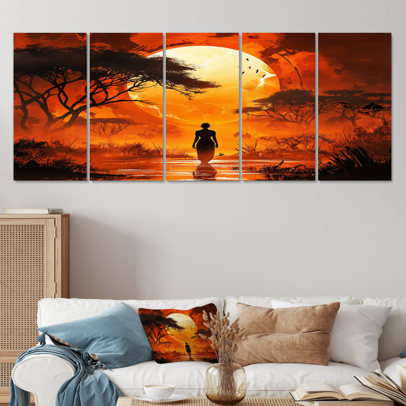 Orange orange voyage I - ensemble d'art mural sur toile paysage africain, H 32 po x l 80 po