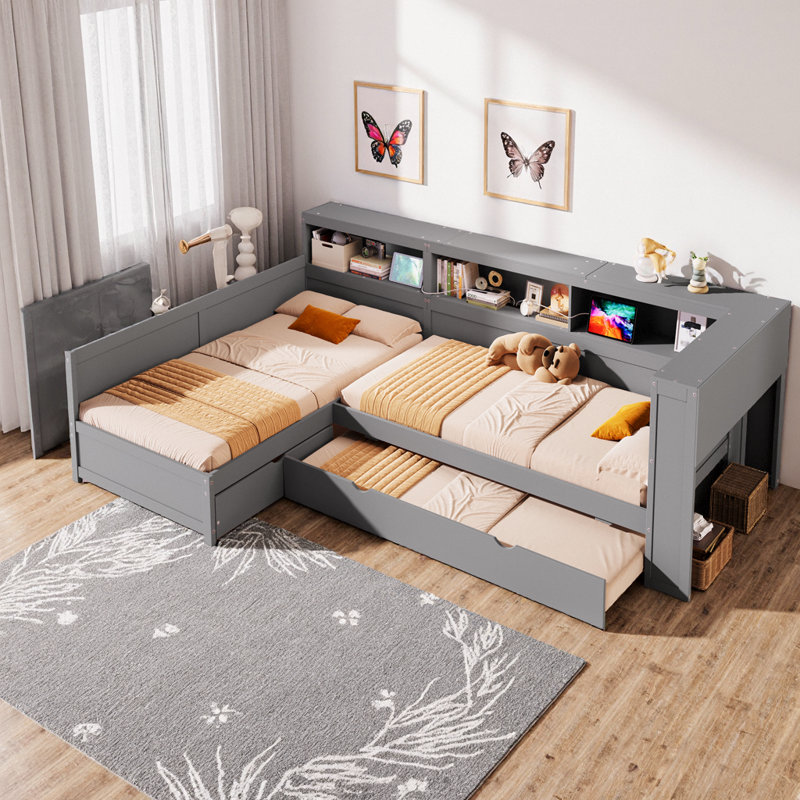 Grey Twin L-Shaped Platform Bed with Trundle, Drawer Storage, and Charging Station - Space-Saving Design for Small Rooms