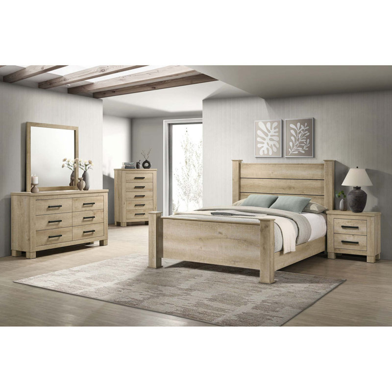 Tyna Rustic Queen Panel Bed with Planked Headboard, Weathered Oak Wood