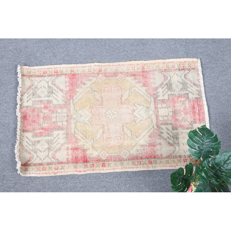 Red Turkish Vintage Small Wool Rug Ideal for Door Mat and Unique Gift Idea