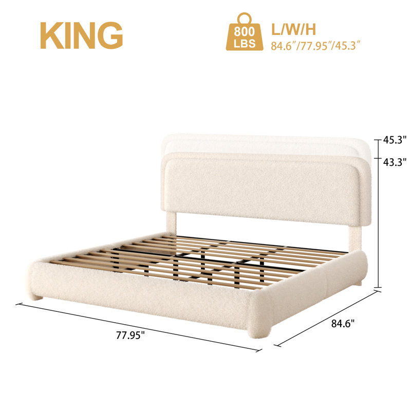 Boucle Upholstered Platform Bed Frame with Adjustable Headboard & Soft Rounded Corners, King, Beige