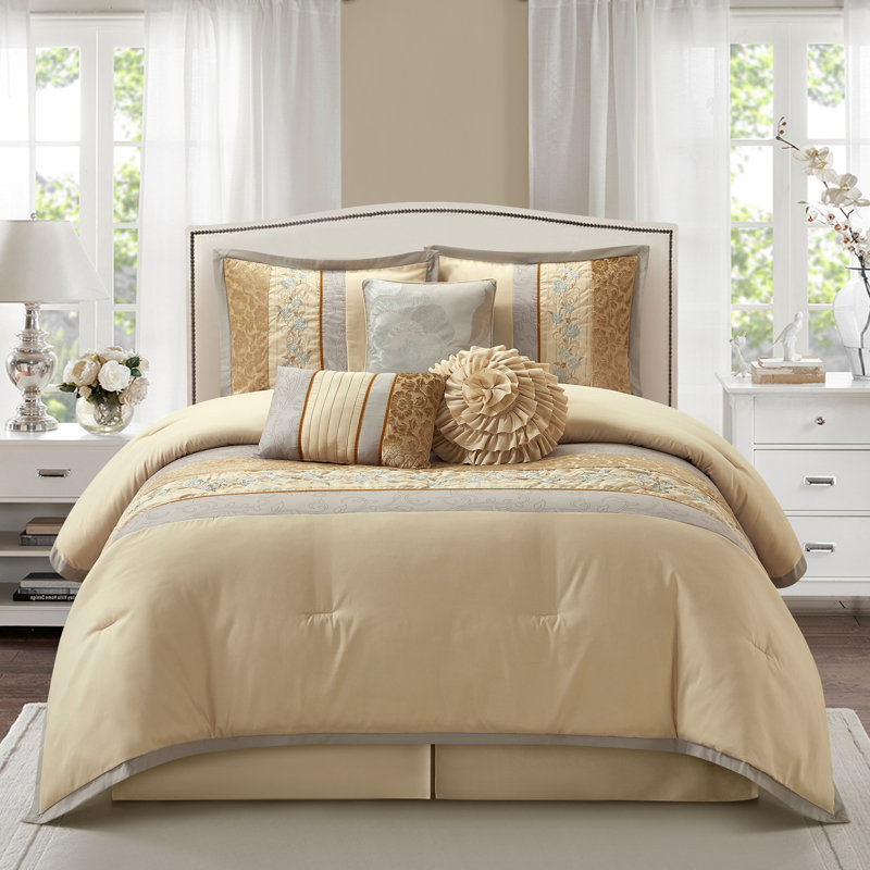 Riley 7 Piece Glam Comforter Set, King, Sand