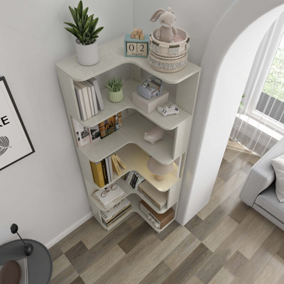 Bibliothèque de coin autoportante à 6 niveaux en forme de L pour le salon, la chambre à coucher, bibliothèque en bois avec dispositif anti-chute et dispositif anti-basculement, étagère de rangement ouverte pour bureau à domicile