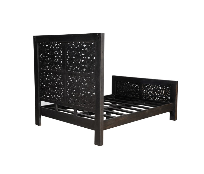 Haslam Gray Carved Scrollwork Distressed Solid Wood Queen Bed Frame