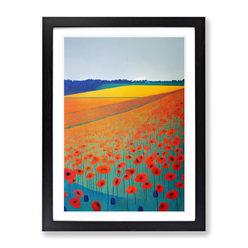 Unique Poppy Flower Field Vol.3 - Picture Frame Print, 64cm H x 46cm W x 2cm D, Walnut