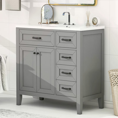 Meuble-lavabo 36 po avec lavabo, armoire de salle de bain grise avec tiroirs, structure solide et panneau de fibres à densité moyenne