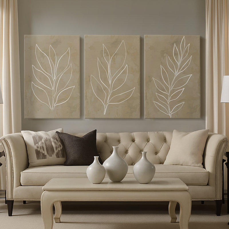 Leaf Line Art I - Toile tendue avec châssis sur mesure - 3 pièces, H 12 po x l 24 po