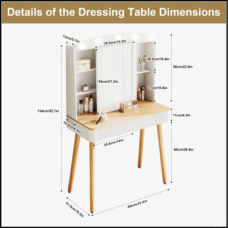 Petit bureau de coiffeuse avec miroir coulissant, lumières DEL réglables et rangement de grande capacité pour le maquillage et les accessoires